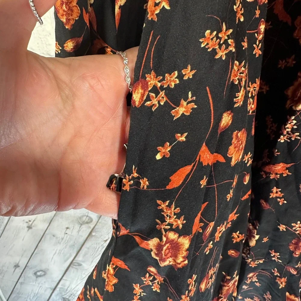 Free People Black Orange Floral Long Sleeve Ruffle Mini Dress XS Pockets FLAW